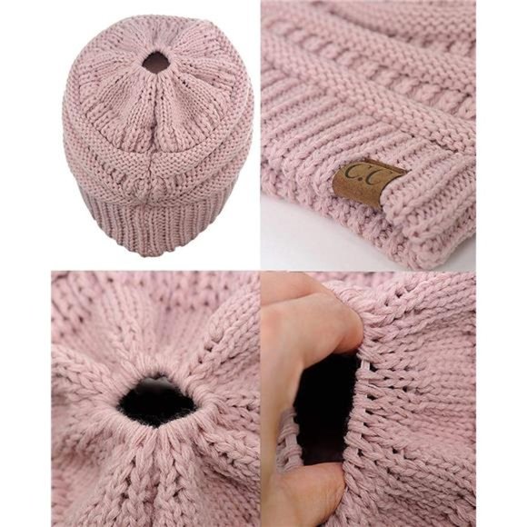 C.C BeanieTail Soft Stretch Cable Knit Messy High Bun Ponytail Beanie Hat